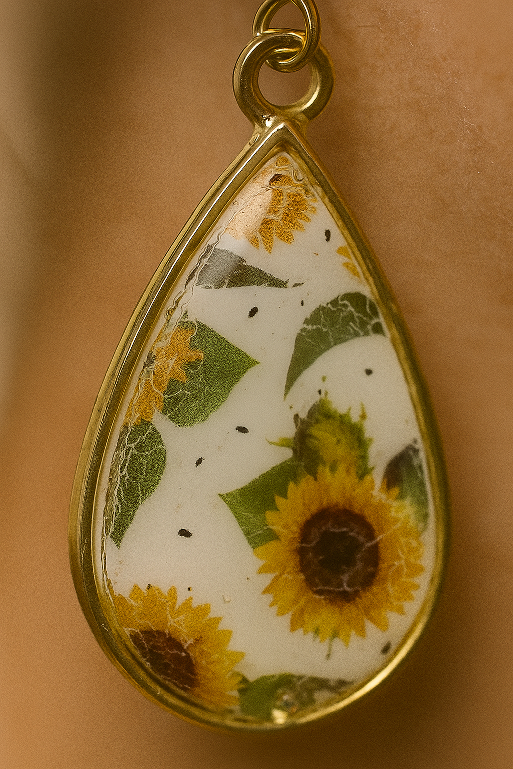 Sunflower Teardrop Earrings – Polymer Clay in Gold Bezels