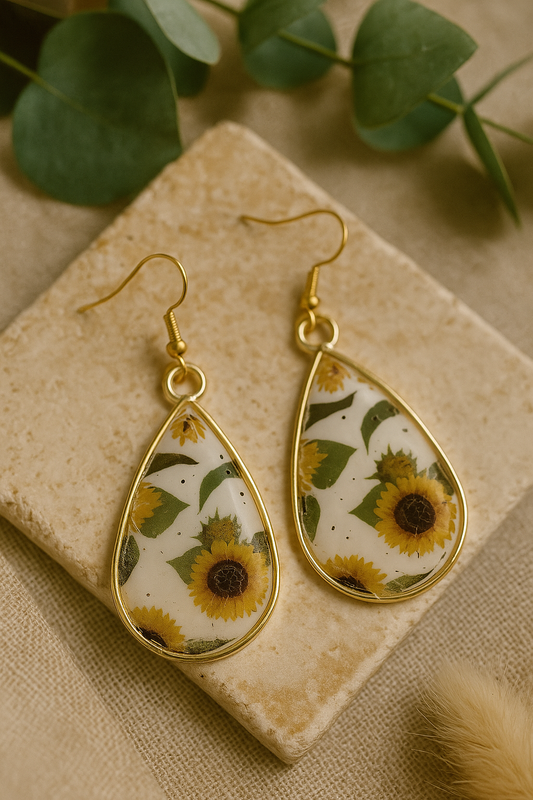 Sunflower Teardrop Earrings – Polymer Clay in Gold Bezels