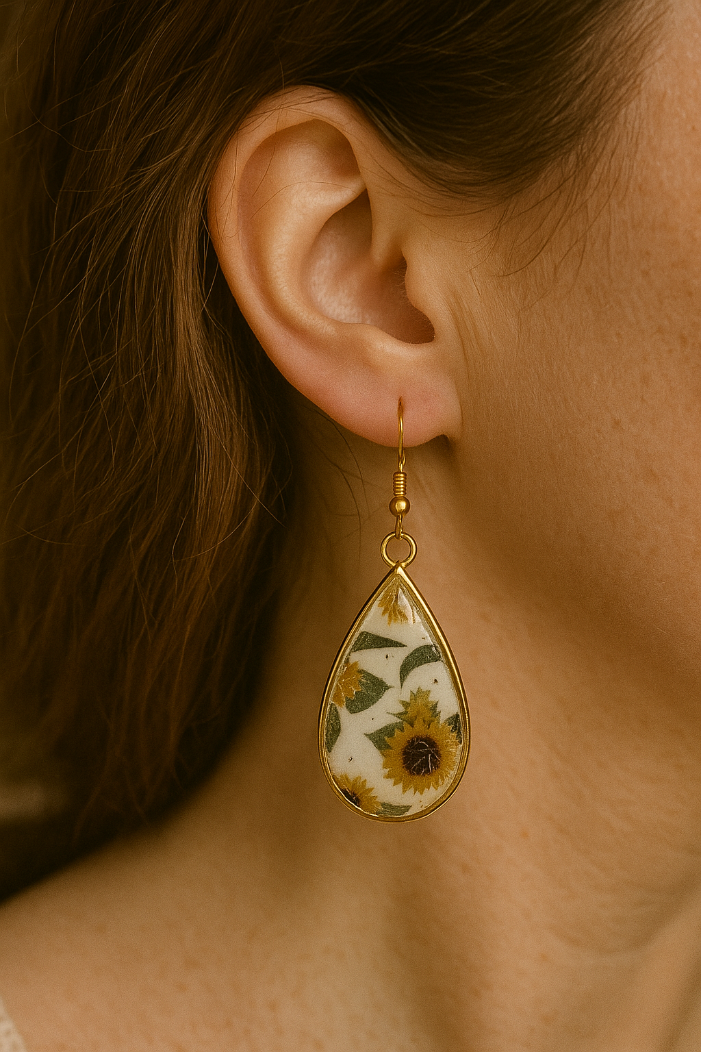Sunflower Teardrop Earrings – Polymer Clay in Gold Bezels